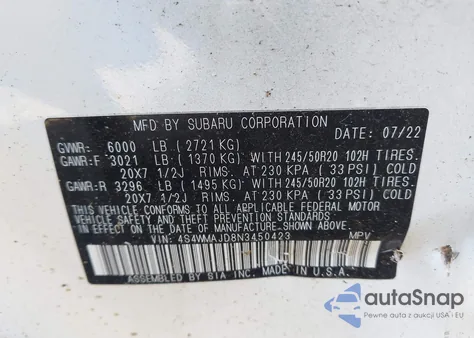 2022 Subaru Ascent Onyx Edition z USA, uszkodzony, nr VIN 4S4WMAJD8N3450423